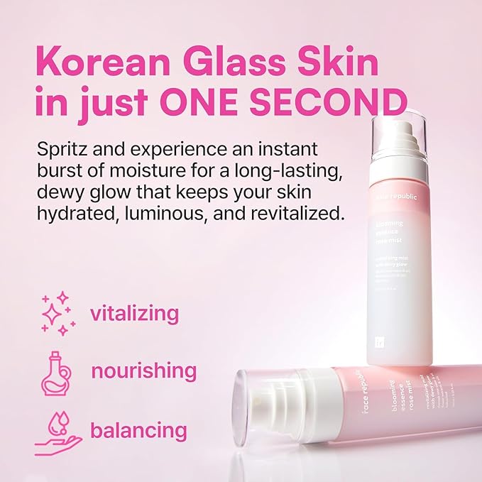 Face Republic Blooming Essence Rose Mist 100ml 3.38 fl oz | Instant Glass Skin | All In One Mist | Revitalizing, Nourishing, Deep Hydration, Dewy Glow | Damask Rose, Bakuchiol | Vegan Korean Skin Care