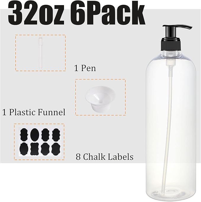 6 Pack 32 oz Shampoo and Conditioner Dispenser Bottles with Pump for Conditioner, Soap, Lotions, 32 oz Empty Plastic Pump Bottle Dispenser with Labels Funnel, Chalk,Pen