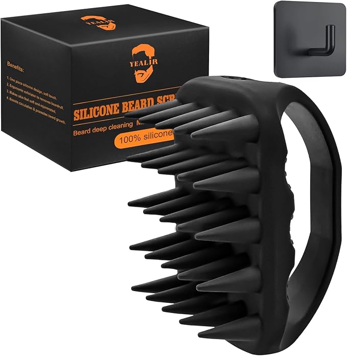Beard Scrubber & Hook - Silicone Beard Brush for Deep Cleaning and Exfoliation, Helps Reduce Dandruff & Itching, Non-Slip Handle & Soft Durable Longer Bristles