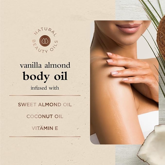 Oliology Vanilla Almond Body Oil – Hydrating Blend with Sweet Almond Oil, Coconut Oil & Vitamin E | Softens, Nourishes & Enhances Skin’s Radiance, 6 Fl Oz