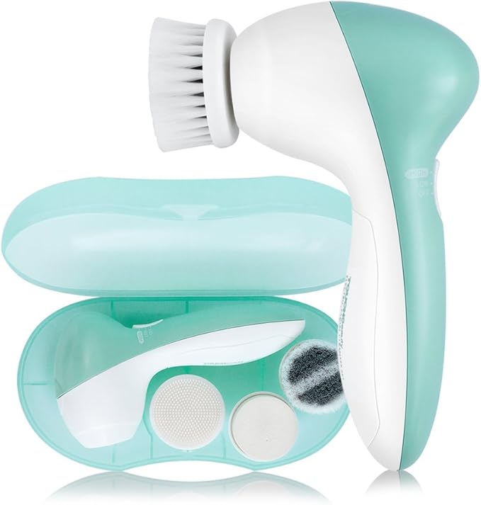 Facial Cleansing Brush for Women, 3-in-1 Face Cleanser and Exfoliator Brush with 3 Brush Heads, 2 Speeds, Battery Operated Waterproof Spin Brush, Portable Travel Case, Perfect Valentine's Day (Green)