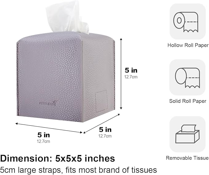 Tissue Box Cover 5X5X5'' PU Leather Tissue Holder Square Tissue Cube Box Organizer for Bathroom Vanity Countertop, Car, Night Stands, Office, Home, Kitchen (2Pack, Light Bray Purple)