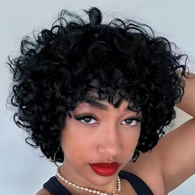 Adette Brazilian Human Hair Wig - 6 Inch Short Curly Style 180% Density for Black Women, Natural Black Color with Bangs