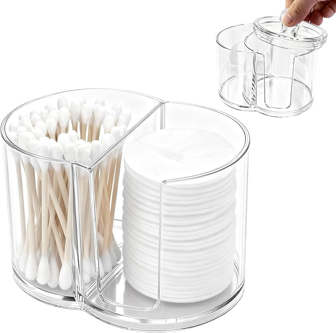 Dual-Compartment Cotton Swab & Pad Organizer with Removable Dustproof Lid, Bathroom Accessories Storage Organizer for Swabs, Cotton-Pads(COLOR:Transparent)