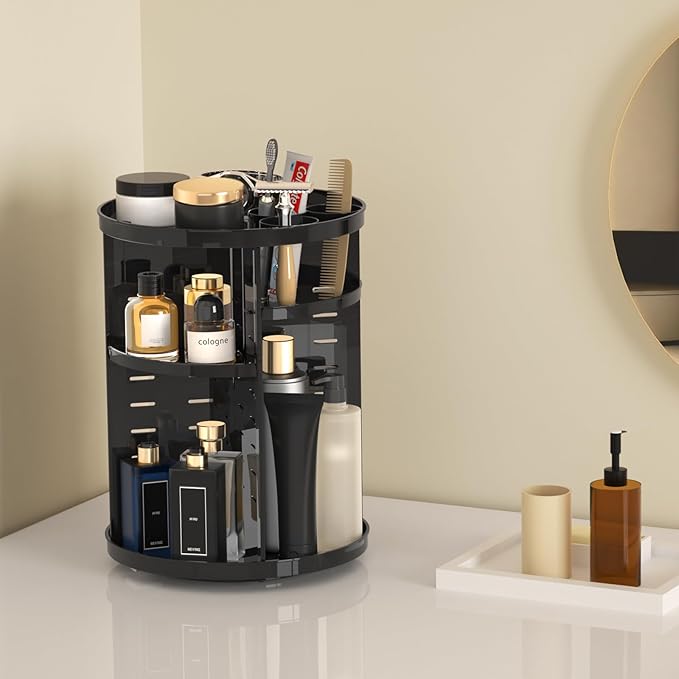 Rotating Makeup Organizer for Vanity, 360 Spinning Skincare Organizers with Adjustable Trays, Make Up Desk Storage Carousel Rack, Cosmetic Display Cases for Dresser Bathroom Countertop Black