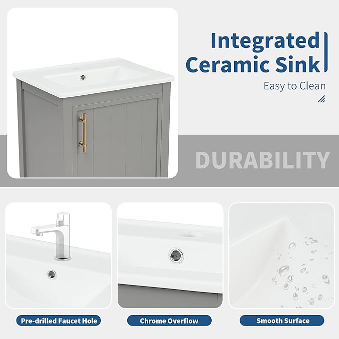 Bellemave 20" Small Bathroom Vanity with Sink, Modern Bathroom Storage Cabinet with Door and Storage Rack, Free Standing Single Basin Vanity with Open Shelf, Undermount Ceramic Sink, Grey