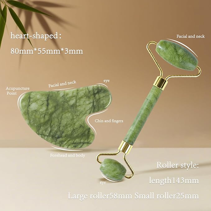 Jade Roller Gua Sha Tools - Nature Gua Sha Facial Tool Skin Tightening Face Massager Anti-Aging Jade Face Roller Puffiness Reducing Guasha Stone for Women Men（Green）