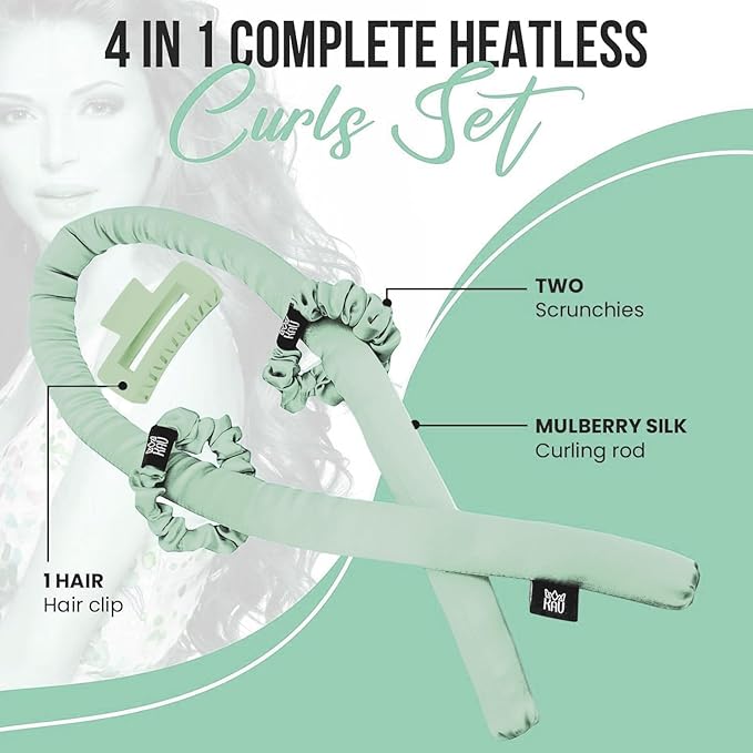 KAV 100% Mulberry Silk Heatless Curling Rod Headband Set with Clip & Scrunchies – Overnight Heatless Hair Curler for Women, No Heat Damage, Soft Hair Roller for Natural Curls & Waves