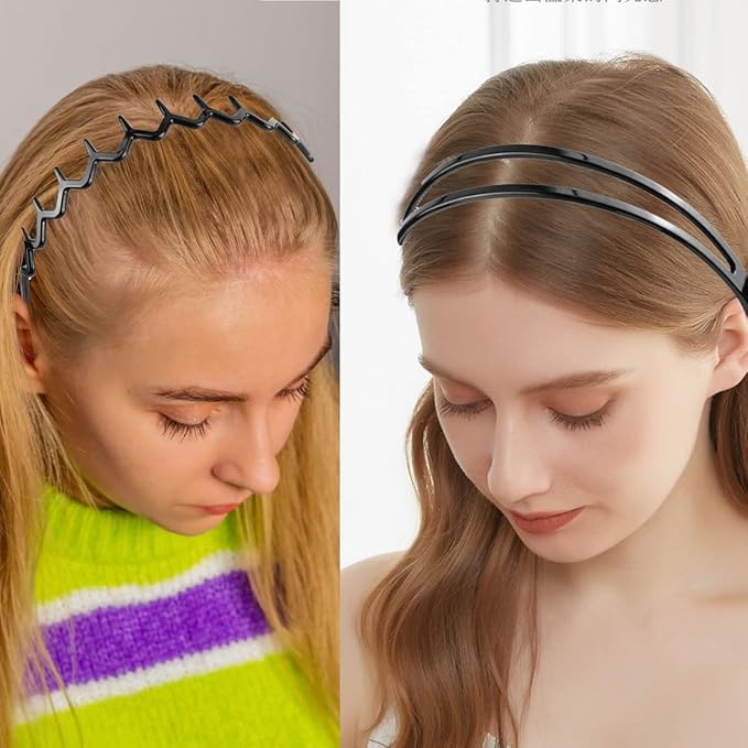 8 PCS Fashion Effortless Plastic Headbands with Teeth Comb Black Skinny Headbands No Slip Hair Accessories Bands for Women Men Teen Girls, Lacquered Black