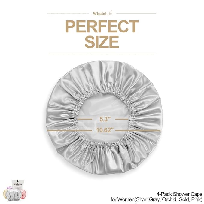 Shower Cap for Women Reusable Extra Large Shower Caps for Men Satin Double Layer EVA Waterproof Long Hair Caps(Silver Gray, Orchid, Gold, Pink 4 Pack)