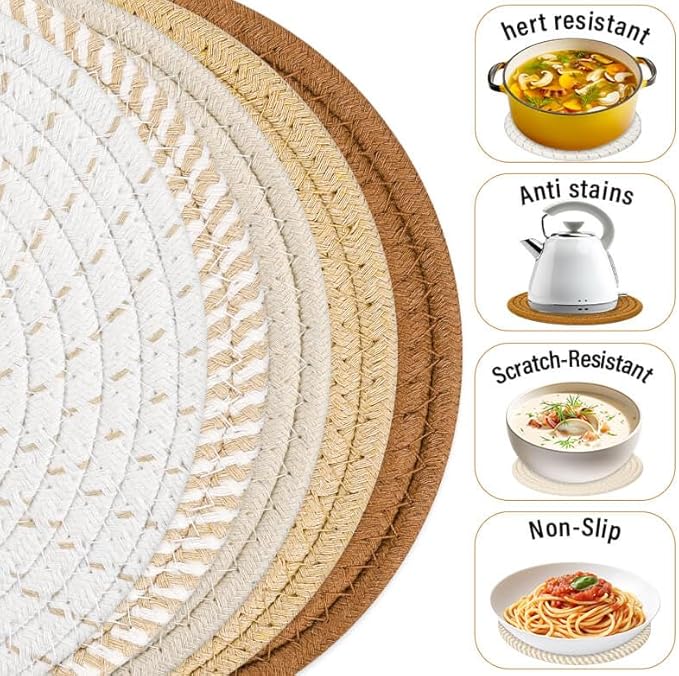 Trivet Mats Set for Hot Dishes, 5 Heat Resistant Pot Holders for Kitchen, Home Essentials, Anti Stain Hot Pads for Hot pots and Pans, Fall Decorations for Home, 7 Inches(Brown)