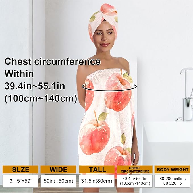 Women’s Apple Print Bath Wrap and Hair Towel Set, Soft Absorbent Microfiber Quick-Dry Shower Body Skirt with Elastic Closure, Lightweight Spa Towel for Home, Gym & Travel (Apple 1)