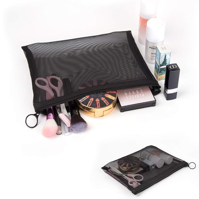 Patu Zipper Mesh Bags, Pack of 4 (S/M/L & Long Pouch), Beauty Makeup Cosmetic Accessories Organizer, Travel Toiletry Kit Set Storage Case, Black