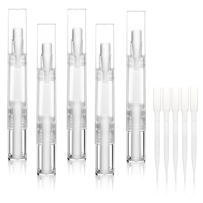 5 pack 5ml Transparent Twist Pen for Cuticle Oil Applicator, Empty Nail Oil Pen with Brush Tip, Eyelash Growth Liquid Tube, Cosmetic Lip Gloss Container (5x)