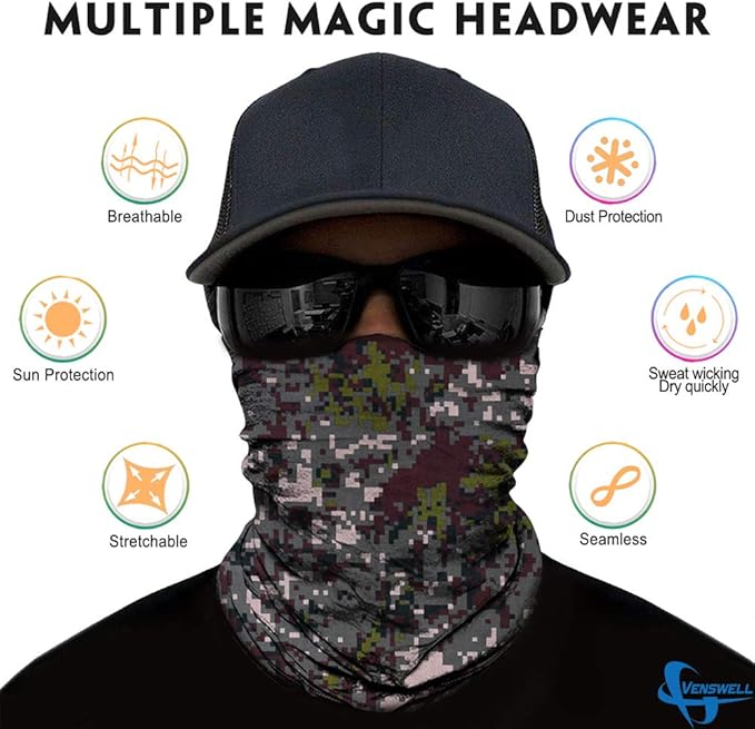 Venswell Neck Gaiter Face Mask Men Women,Seamless Bandana Rave Face Cover Scarf Mask,Balaclava,Headband, Head Wrap,Headwear