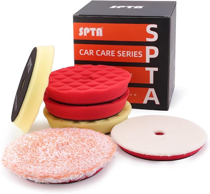 SPTA 5 Inch 125mm Body Repair Polishing Pad Set - 6 Pcs Buffing Pads with Sponge, Wool and Micro-Fiber for Car Detailing