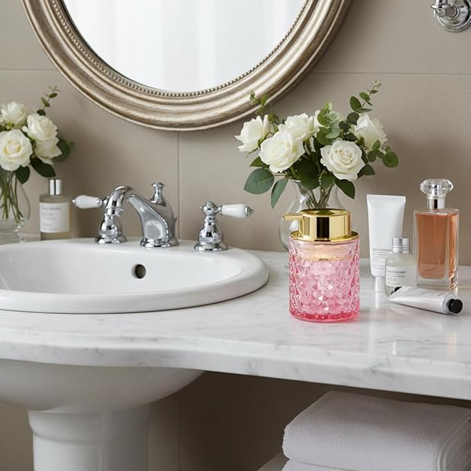 2pcs Pink Glass Foaming Soap Dispenser, Bathroom Refillable 10 Oz Foam Hand Soap Dispenser, Vintage Lotion Shampoo Container Gold Large Pump Bottle for Bathroom Countertop and Kitchen Decor