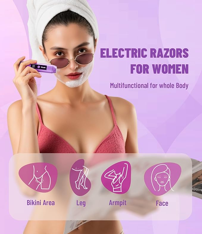 Electric Bikini Trimmer for Women: IPX7 Waterproof Dual Head Cordless Electric Shaver for Women with LED Display & 0.5mm Ceramic Blades for Pubic Hair, Face, Legs - Grape Purple