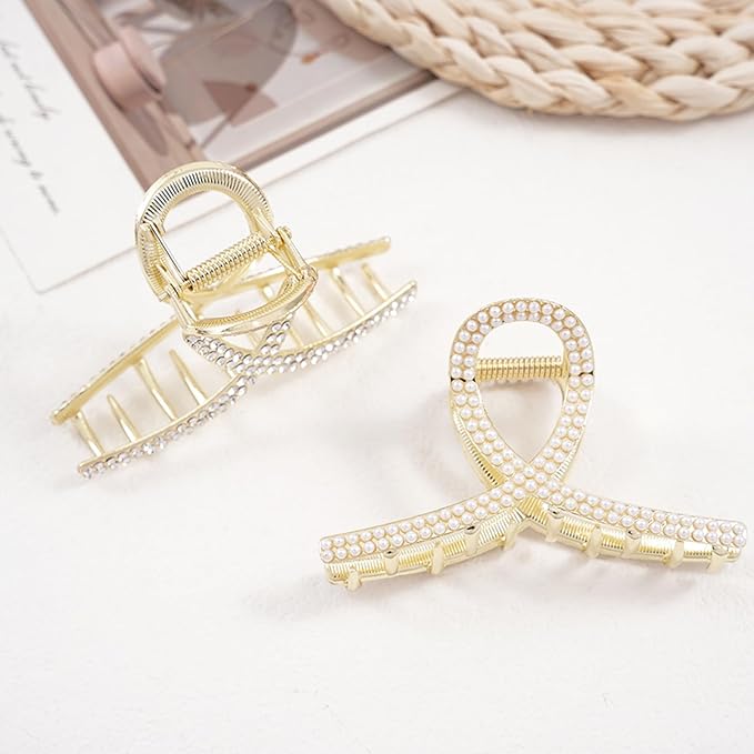 2 Pcs Gold Rhinestone Hair Clips For Women,Medium Metal Sparkly Hair Claw Clip For Thick Hair,Grils Elegant Hair Accessories Bling Claw Clip (Style 2)