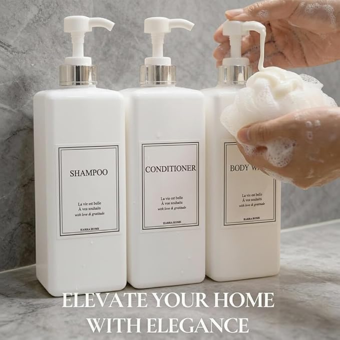 Shampoo and Conditioner Dispenser - Modern Design Large 27oz Shower Soap Dispenser Set of 3, Refillable Empty Plastic Pump Bottles for Bathroom, 6 Waterproof Labels Included, White & Silver