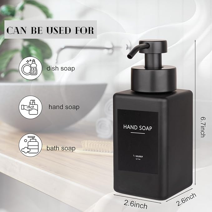 Foaming Soap Dispenser with Stainless Steel Pump, 12oz Refillable Glass Liquid Dish Soap Bottles for Bathroom, Kitchen Sink, Home Decor