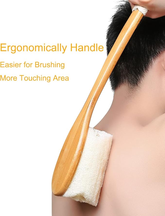 Leotruny 100% Natural Exfoliating Loofah with Long Wooden Handle Shower Back Brush (Off-White (1 Pack))