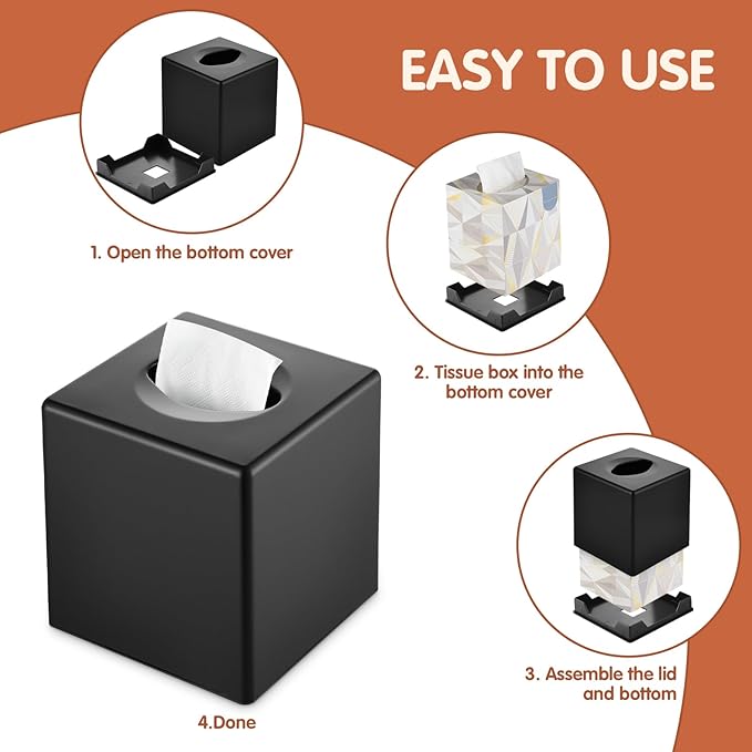 Tissue Box Cover, Square Facial Tissue Holder Storage for Bathroom Vanity, Countertops, Dressers, Night Stand, Parlors and Offices - Black