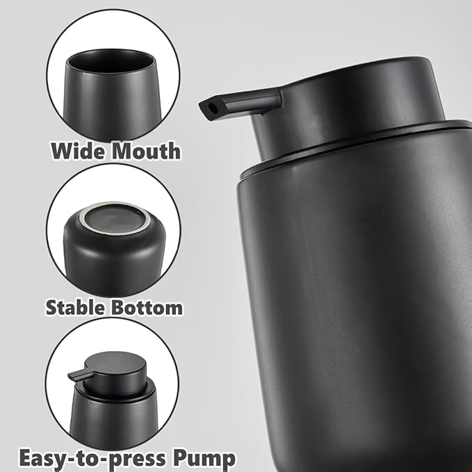 12Oz Black Foaming Soap Dispenser - Ceramic Foam Hand Soap Dispenser Set with Easy-to-Press Pump, Refillable Liquid Dish Soap Dispensers for Bathroom and Kitchen, 2 Pack