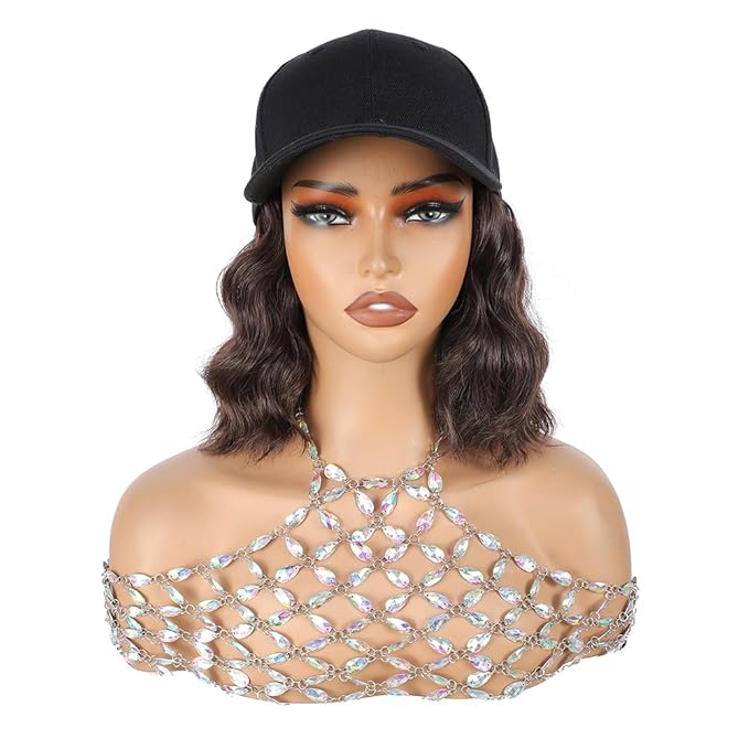 GUOJIAN Hat Wigs for Women 6' Short Wave Baseball Cap Wigs with Curly Hair Extensions Synthetic Wave Wig Adjustable Hat with Hair Attached for Daily Use (#4, 6inch)