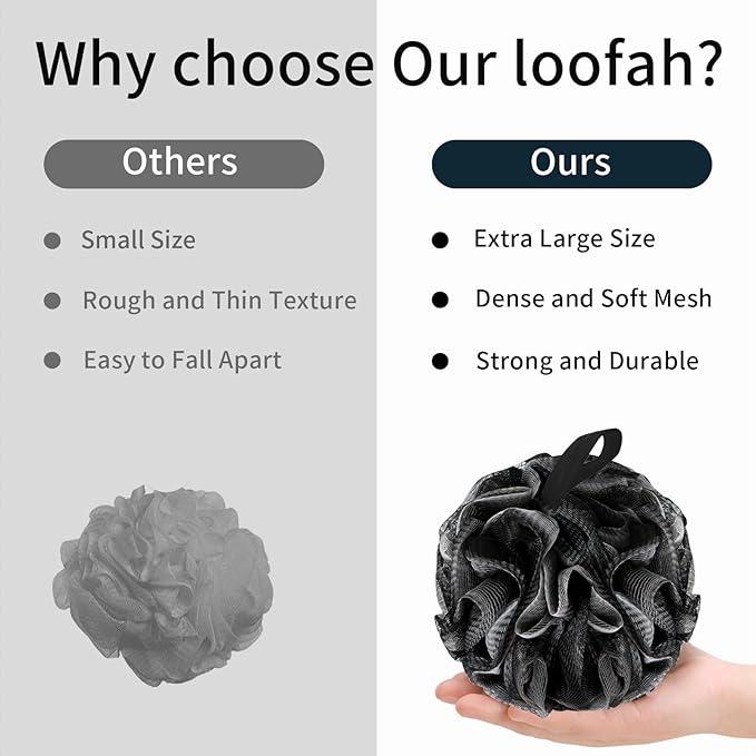 Bath Loofah Shower Sponge Body Back Scrubber Soft Mesh Shower Puffs Exfoliating Loofa for Women & Men Bath Accessories Cleaning Tool (4Pack 60G Black, Charcoal Black)