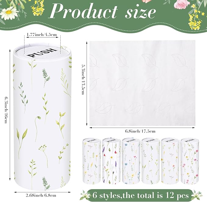 Outus 12 Pcs Floral Car Tissue Holder Cylinders with 3 Ply Facial Tissue Bulk, Portable Paper Dispenser for Cup Holder, Travel Bathroom Table Decor, Tissues Boxes Container for Home Office Party