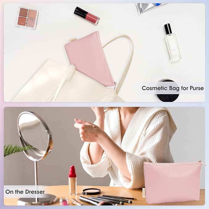 Wandering Nature Makeup Bag Small Cosmetic Bag for Purse 2 Pack Small Make Up Pouch Vegan Leather Cute Travel Pouch with Zipper for Women, Pink