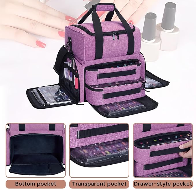 Nail Polish Organizer Case Holds 80 Bottles (15ml - 0.5 fl.oz) and a Nail Lamp,Nail Polish Case with 2 Removable Bags and Tools Storage Sections Purple