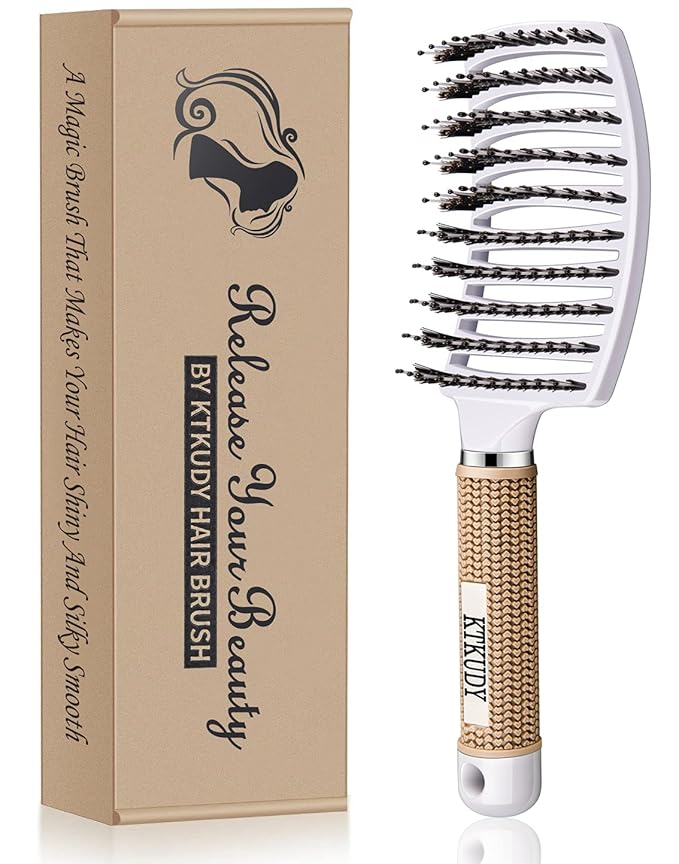 KTKUDY Detangling Hair Brush - Boar Bristle & Tangle-Free Design for Kids, Women, and Men - Perfect for Wet and Dry Hair - Smooth, Magical Pain-Free Styling (White)