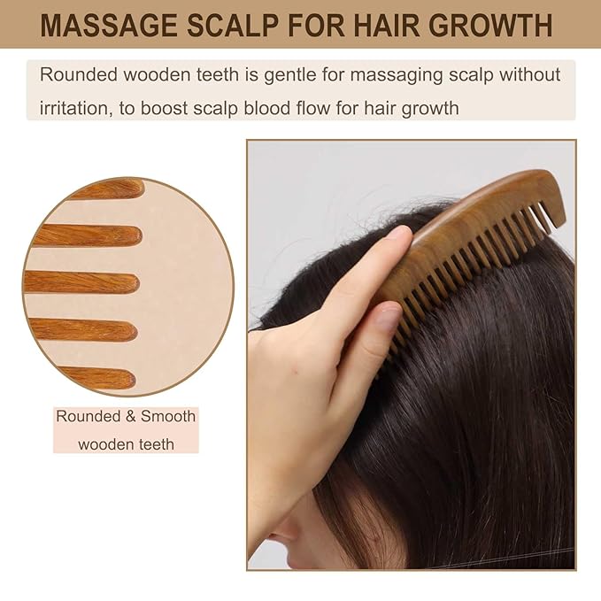 2 Pack Wooden Comb, Beard Comb for Men, Hair Combs for Women - Green Sandalwood
