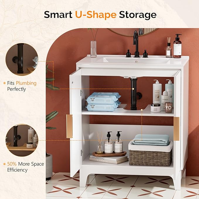VINGLI 30 Inch Bathroom Vanity with Sink, Modern White Freestanding Cabinet with Ceramic Top, Fluted Soft-Close Doors & Gold Handles, U-Shape Storage for Small Bathroom