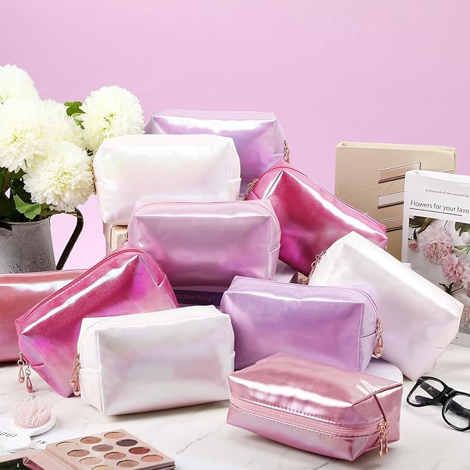 Kigeli 15 Pcs Aesthetic Makeup Bags PU Leather Cosmetic Pouches Waterproof Plain Toiletry Bags Makeup Pouches Bulk for Women Party Gift Travel Storage Organizer(Laser Color)