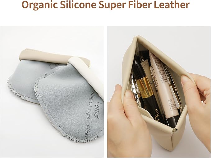 2 Pack Small Makeup Bag for Women, New Organosilicon Super Fiber PU Leather Mini Cosmetic Bag for Travel, Coin Purse Organizer Storage Pouch (No Phrase Printed, Beige)