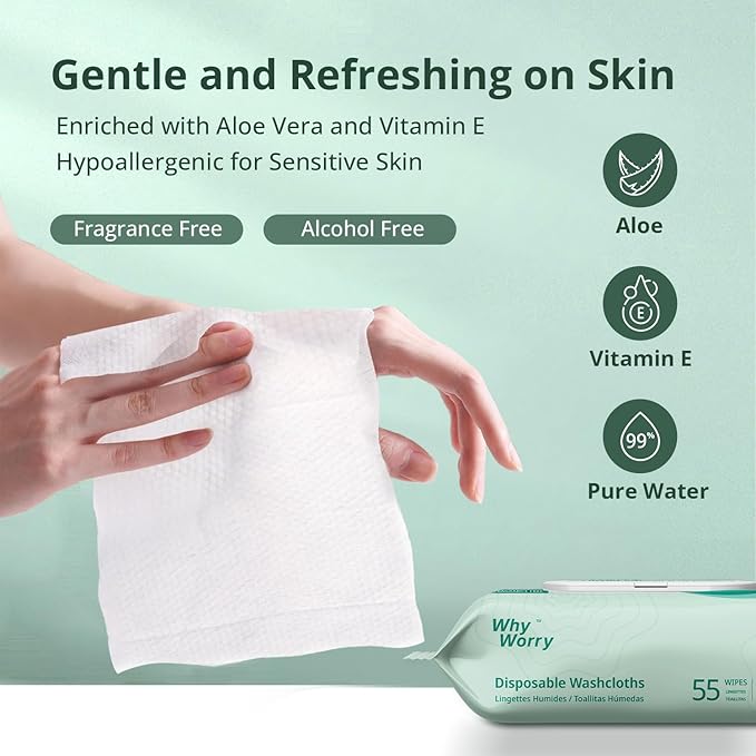 WhyWorry Wet Wipes for Adults, 8"x12" Extra Large Body Cleansing Wipes for Elderly & Incontinence, Extra Thick Adult Washcloths Disposable with Aloe & Vitamin E, Unscented, 660 Count (12 Packs of 55)