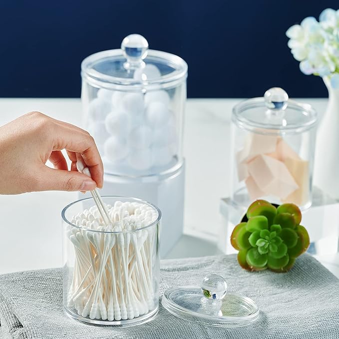SheeChung 12-Pack Clear Acrylic Apothecary Jars with Labels - (6) 10oz &(6) 12oz Qtip Holder Set - Shatterproof Bathroom Vanity Organizer for Cotton Swabs,Balls,Pads-Minimalist storage