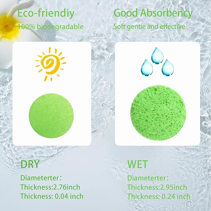 50-Count Large Compressed Facial Sponges for Estheticians, Daily Cleansing and Gentle Exfoliating- 100% Natural Cellulose Spa Sponge Perfect for Removing Dead Skin, Dirt and Makeup (Round 2.95",Green)