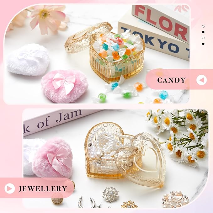 Tioncy 3 Pcs Large Body Powder Puff and Container Valentine's Day gift Powder Container with Puff Crystal Case Soft Washable Reusable Velour Face Body Glitter Wet Dry Makeup(Heart,Amber)