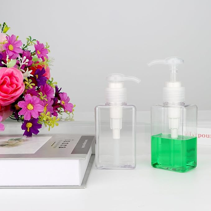 100ml (3.4oz) Pump Bottle Dispenser Jansburg 2 Pack Refillable Flat Square Plastic Lotion Dispenser Leakproof Empty Lotion Pump Bottle for Essential Oil Soap Lotion Shampoo Clear