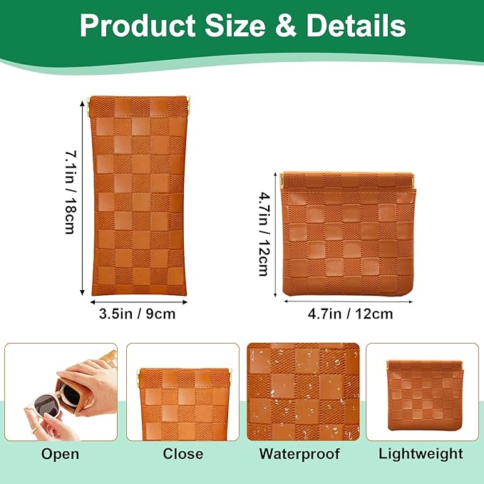 2Pcs Small Makeup Bag for Purse, Mini Checkered Leather Purse Pouches for Purse Small Makeup Pouch Small Coin Purse Organizer Pouches, Portable No Zipper Pocket Cosmetic Bag for Women (Brown)