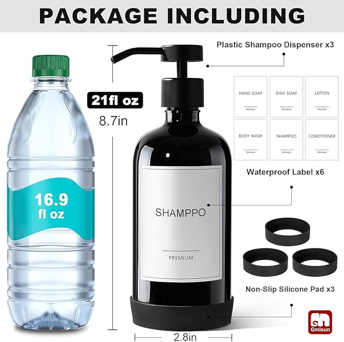 GMISUN Plastic Shampoo and Conditioner Dispenser with Silicone Sleeves, 21 oz Black Shower Soap Dispenser Bottles with Labels, Refillable Shampoo Conditioner Body Wash Dispensers Set of 3