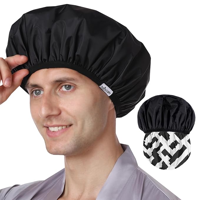 Years calm Men Shower Cap Reusable Waterproof, Dual-Layer Design, Double-Sided Use,Protects Hair in Shower, Spa, Travel & Cooking, Adjustable Elastic for Comfortable Fit (Black Striped, One Size)