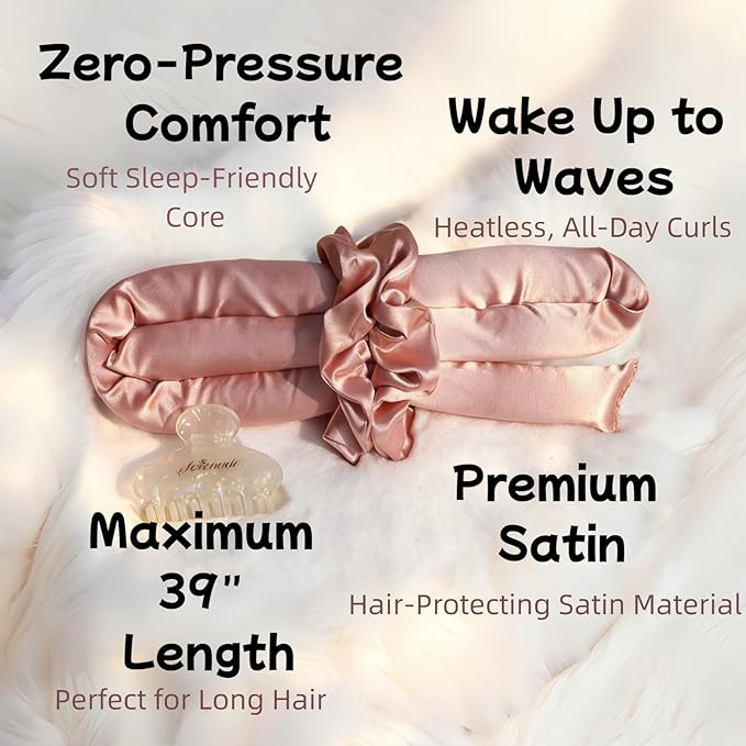 Serenade Satin Heatless Curls Overnight for Long Hair, Heatless Hair curler Set for Women and Girls, No Heat Curling Rods with Satin Scrunchies and Clip, Pink