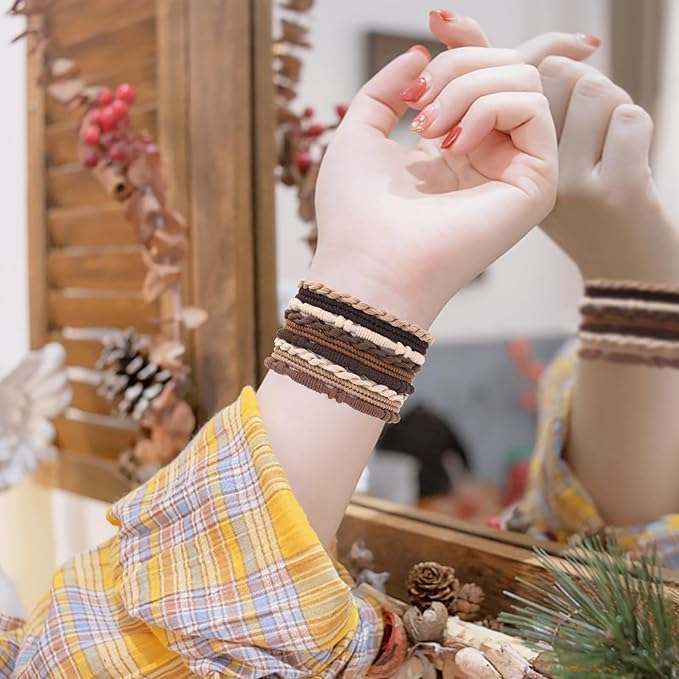 20 PCS Boho Hair Ties Bracelets, No-Damage Hair Elastics for Thick/Thin Hair, 4 Styles 2.36" Braided Ponytail Holders with Gifts Box, Brown