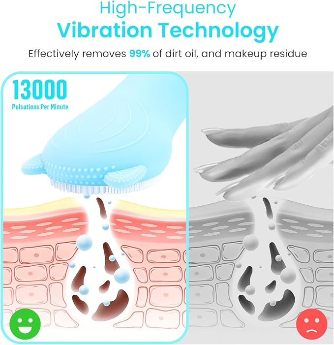 Face Scrubber Facial Cleansing Brush - Silicone Waterproof Rechargeable Electric Exfoliator Scrubber with Heated, 7 Colors LED Light Therapy, Makeup Remover Cleansing and Massaging (Blue)