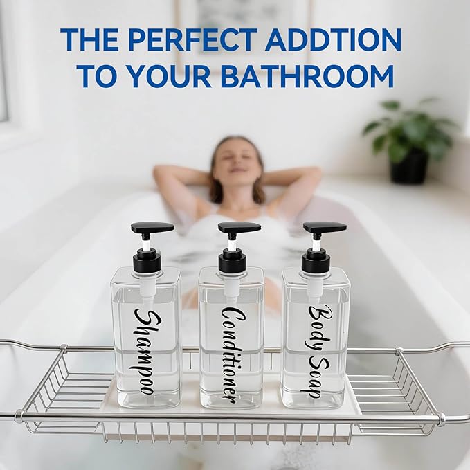 16.9oz Clear Shampoo and Conditioner Dispenser Set of 3, Refillable Empty Shampoo Bottles with Pump for Shower, Printed Plastic Soap Dispenser for Bathroom, Rectangular Body Wash Container Sets
